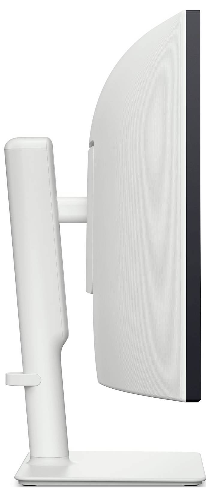 Eine Seitenansicht eines modernen, schlanken Computermonitors auf einem Ständer, die sein dünnes Profil und minimalistisches Design hervorhebt.