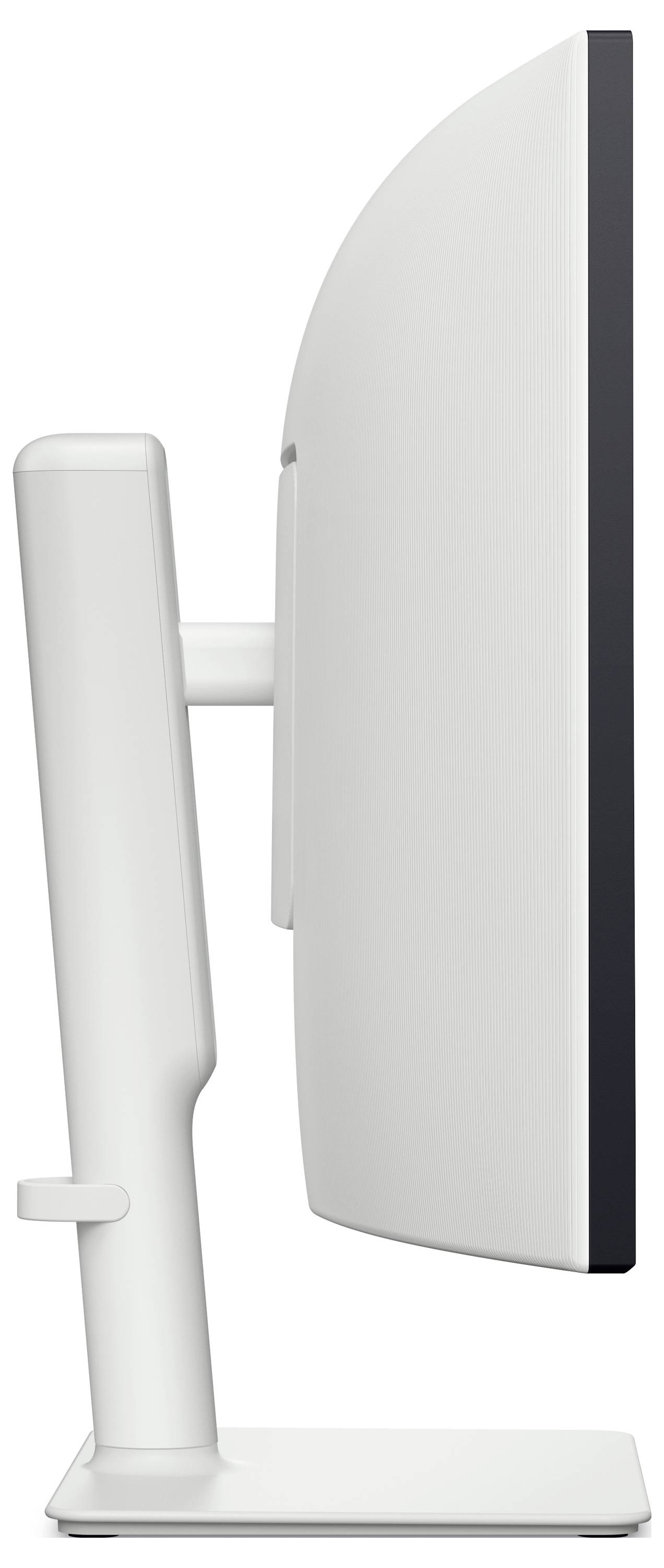 Seitenansicht eines modernen, eleganten Computermonitors, der sein dünnes, minimalistisches Design mit einem verstellbaren Ständer zeigt.