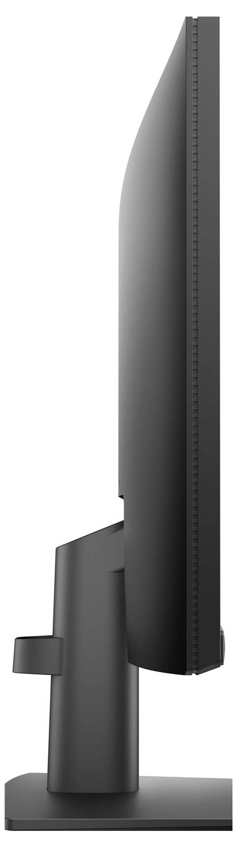 Seitenansicht eines schlanken, modernen Computermonitors mit dünnem Profil, montiert auf einem geraden Ständer, der ein minimalistisches Design zur Schau stellt.