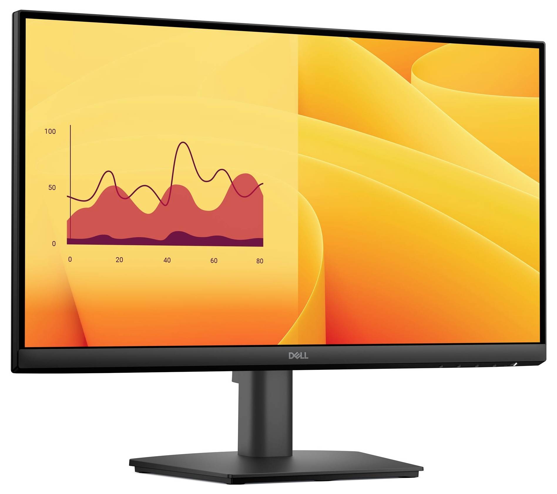 Ein Computermonitor zeigt ein Linien- und Flächendiagramm mit überlappenden roten und rosa Formen auf einem lebendigen gelb-orange abstrakten Hintergrund.