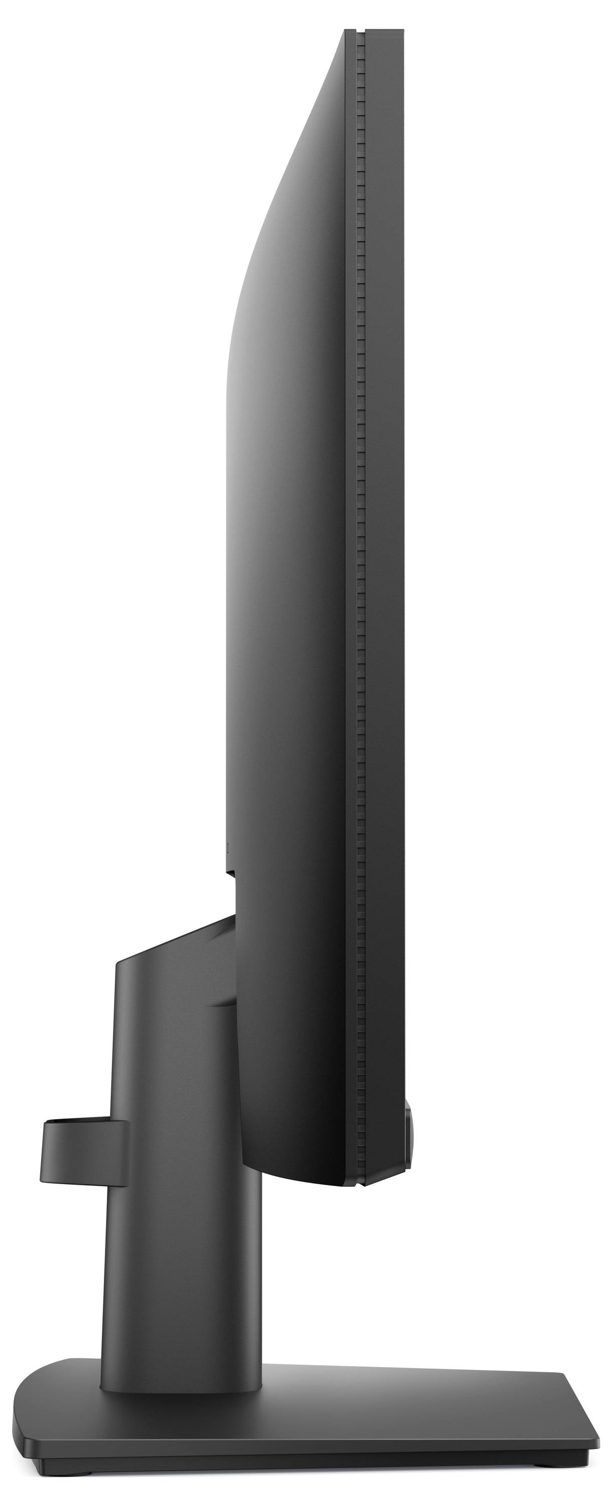Ein schlanker schwarzer Computermonitor von der Seite betrachtet, der sein dünnes Profil und den eleganten Ständer zeigt.