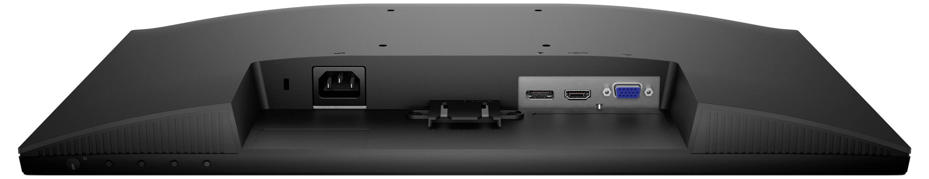 Das Bild zeigt die Rückseite eines Monitors mit Strom-, HDMI-, DisplayPort- und VGA-Anschlüssen, die in einer vertieften Fläche sichtbar sind.