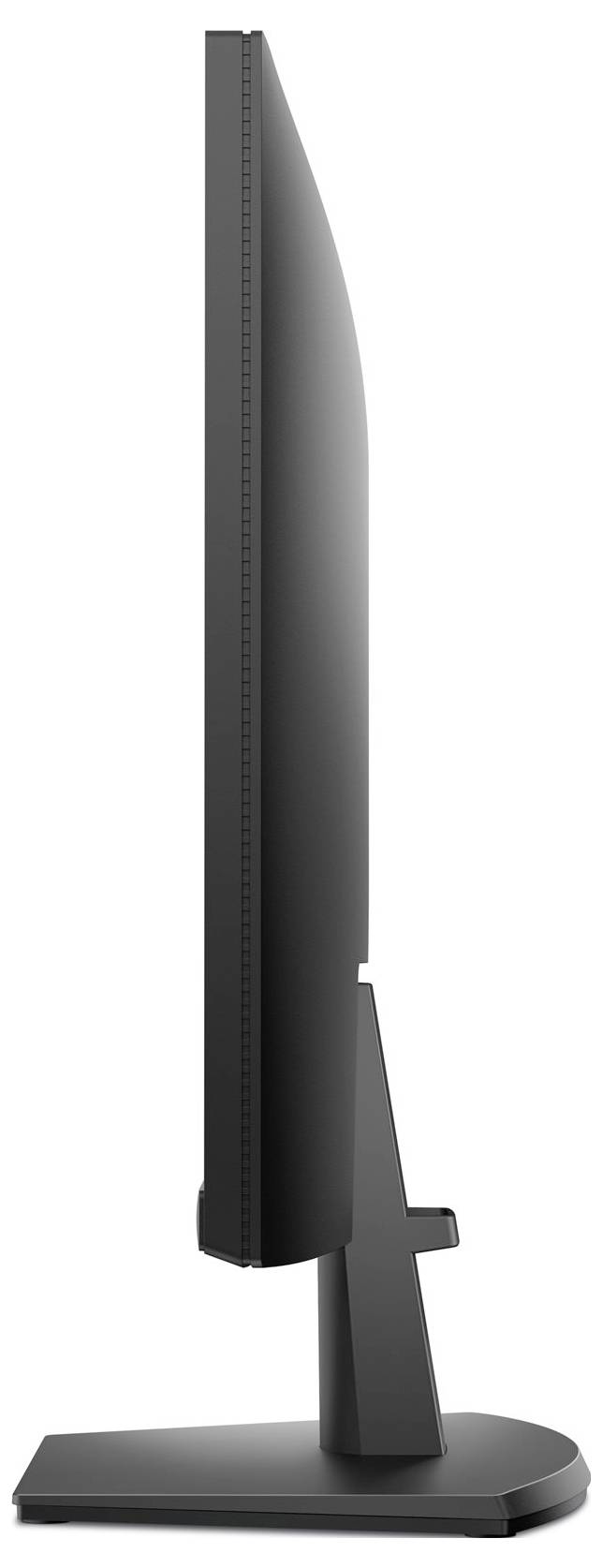 Eine Seitenansicht eines schlanken, modernen Computermonitors mit einem flachen Bildschirm und einer robusten, rechteckigen Basis.