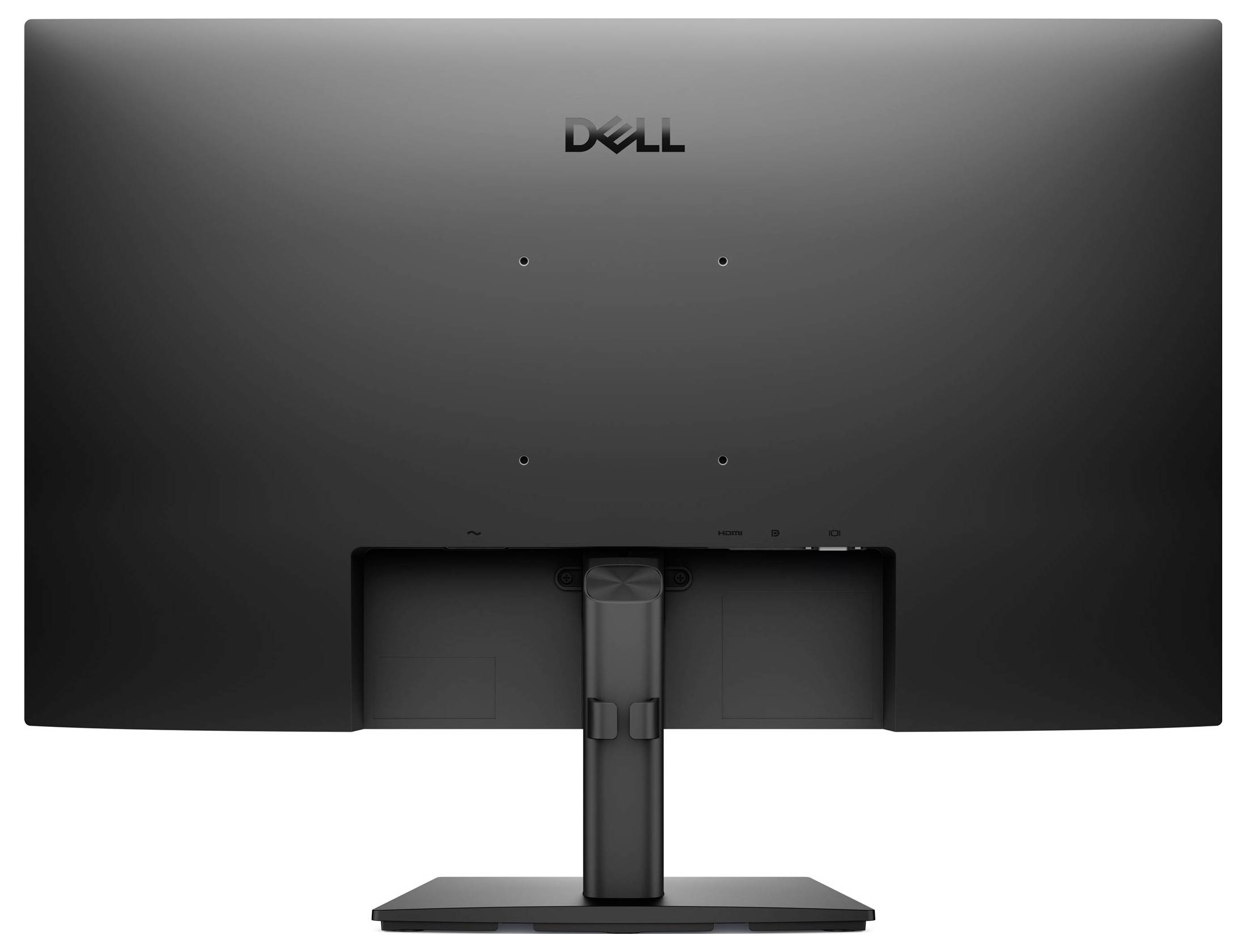 Rückansicht eines Dell-Computermonitors mit schwarzem Ständer und Rahmen, mit Anschlüssen und Belüftung. Kein sichtbarer Bildschirminhalt.