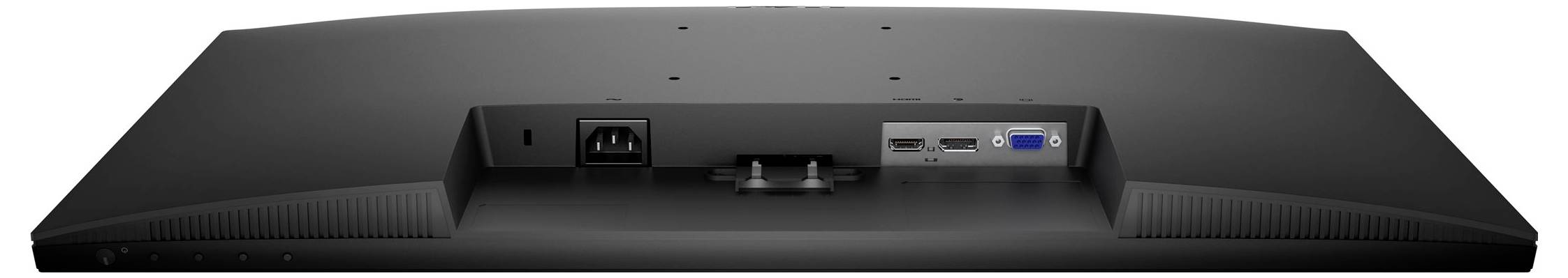Rückansicht eines schwarzen Computermonitors mit verschiedenen Anschlüssen: Stromversorgung, HDMI, VGA und USB.