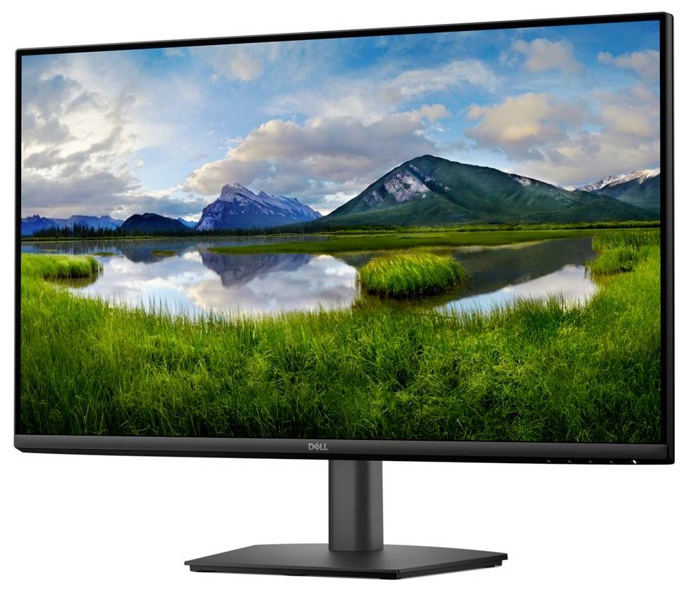 Ein Dell-Monitor zeigt eine Landschaft mit Bergen, einem See und grünen Ebenen unter einem bewölkten Himmel.