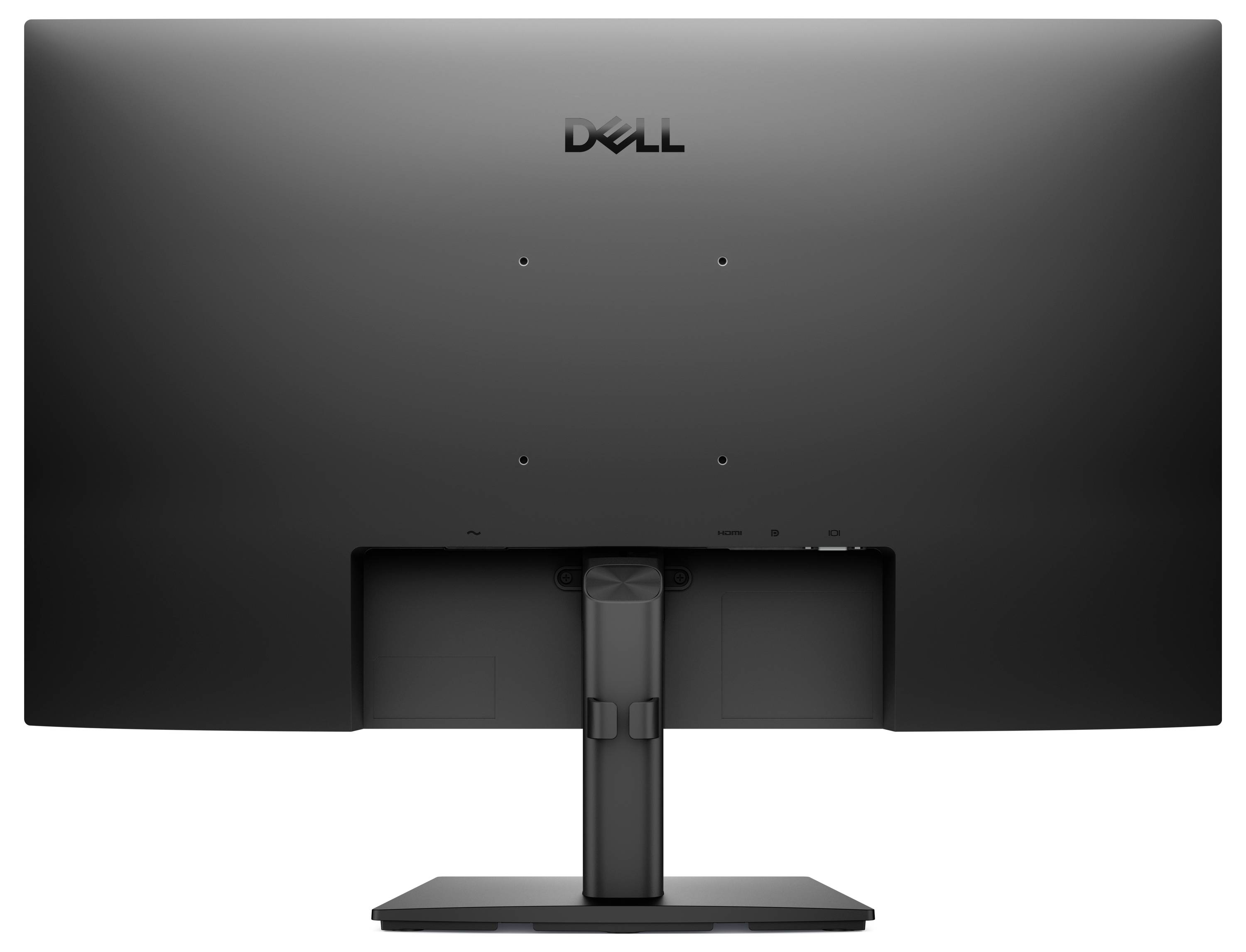 Das Bild zeigt die Rückansicht eines Dell-Computermonitors mit verstellbarem Ständer und einem zentralen Scharnier für vertikale Bewegung.