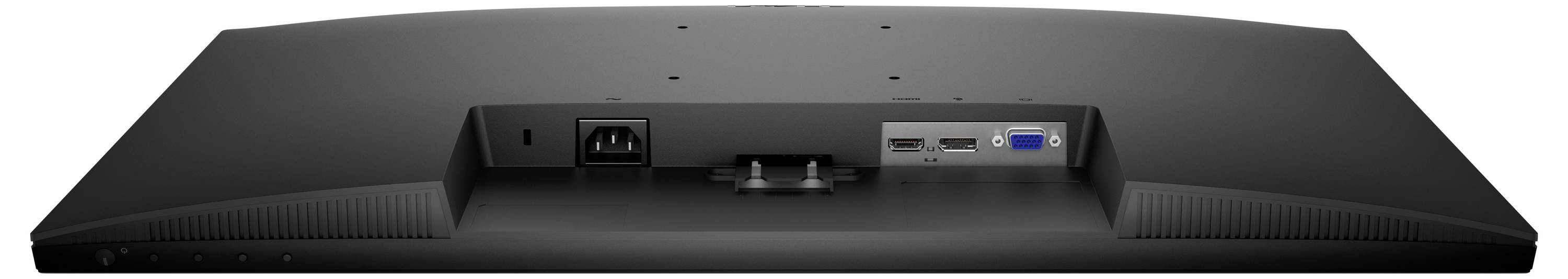 Gekrümmter schwarzer Computermonitor in Rückansicht, der buntes Logo und Konnektivitätsanschlüsse zeigt.