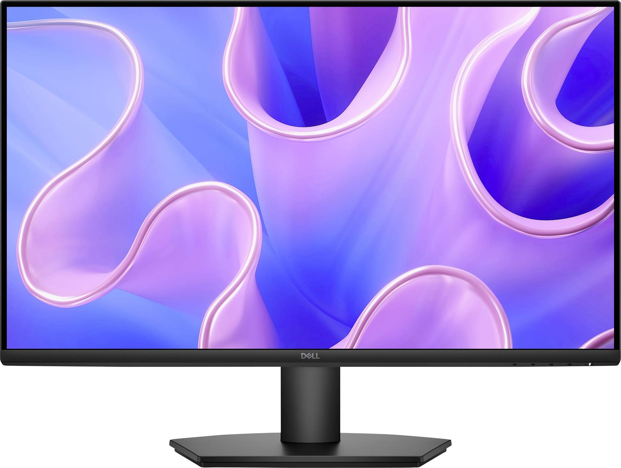 Ein Dell-Computermonitor zeigt einen farbenfrohen abstrakten Hintergrund mit wirbelnden rosa und blauen Formen an.