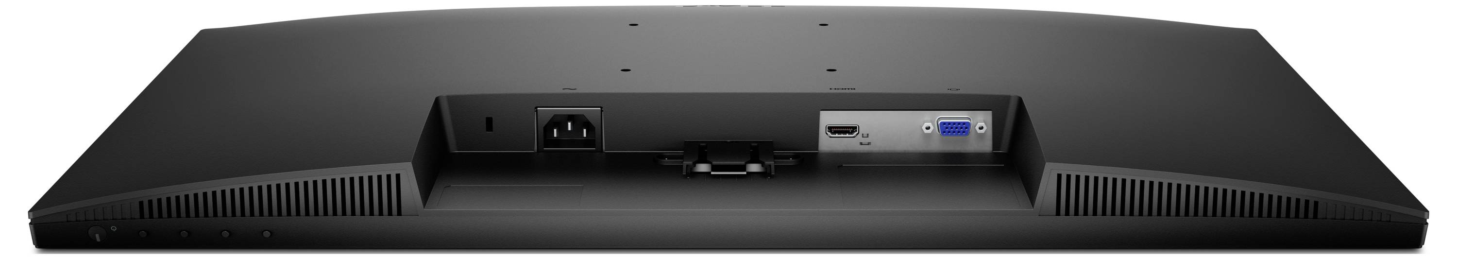 Rückansicht eines schwarzen Monitors mit Stromanschluss-, HDMI- und VGA-Anschlüssen für Verbindungsoptionen.