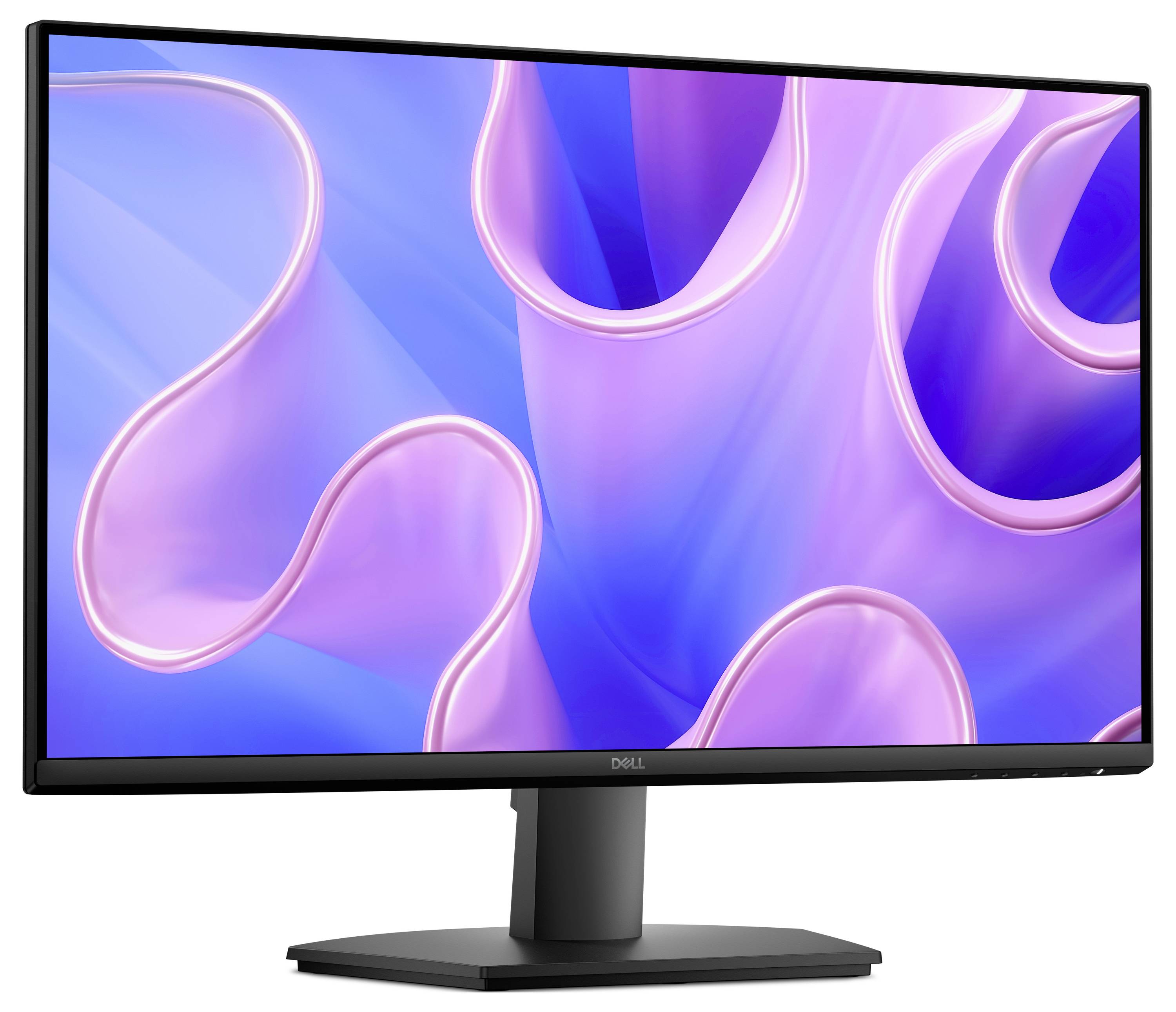 Dell Monitor zeigt abstraktes lila und blaues Wirbeldesign auf dem Bildschirm.