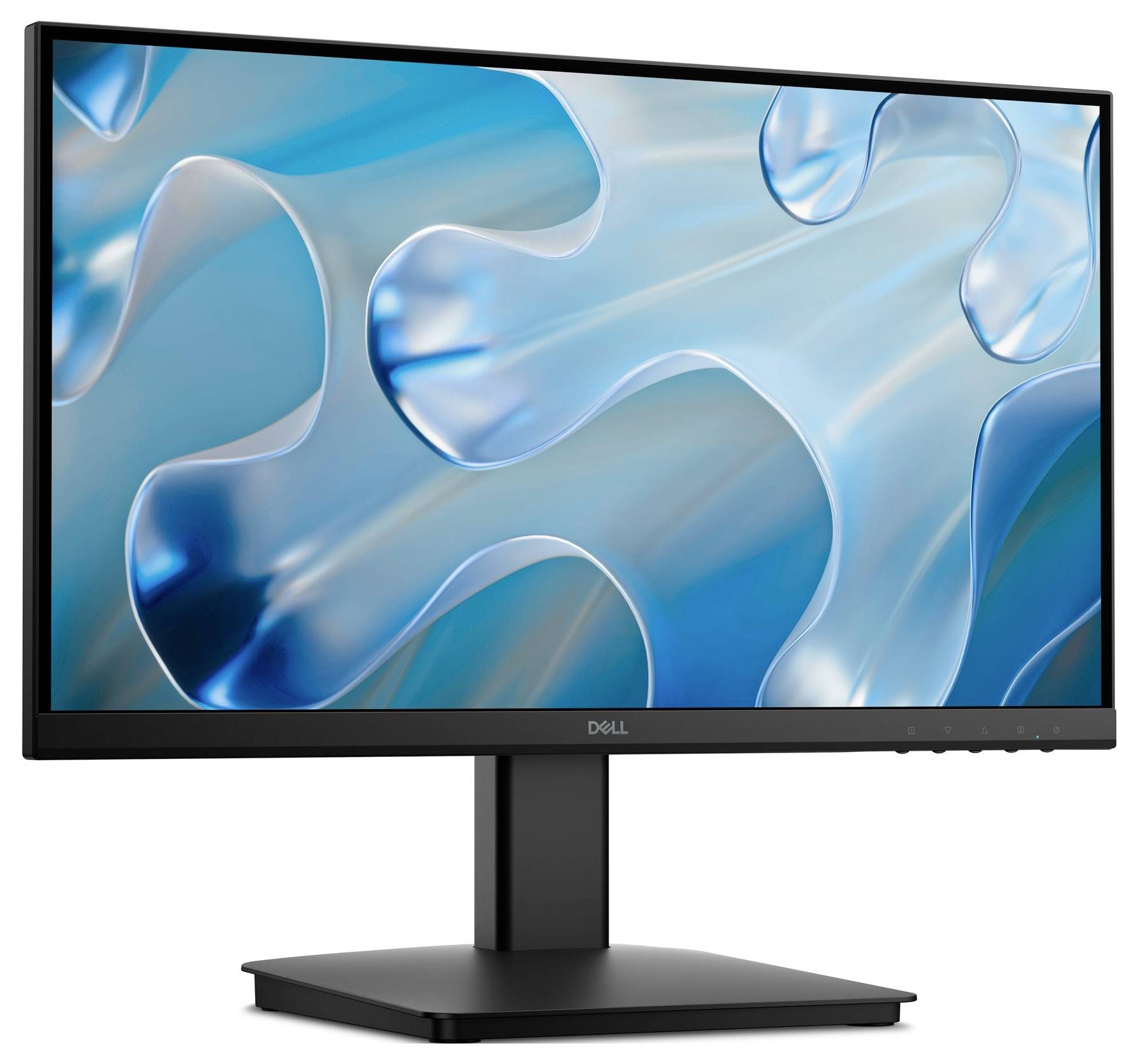 Ein Computermonitor, auf dem auf dem Bildschirm ein abstraktes blau-weißes Wellenmuster angezeigt wird, mit schwarzem Ständer und Rahmen.