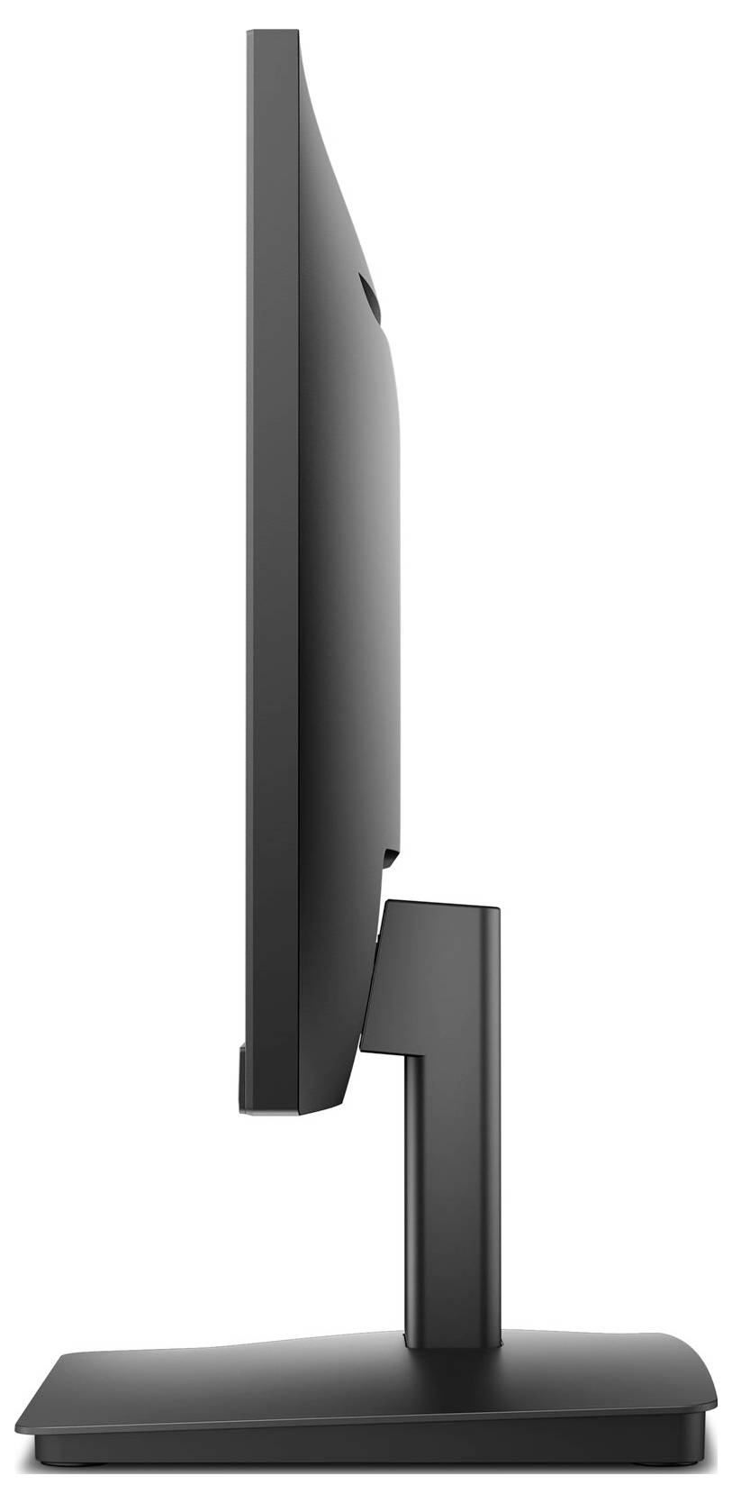 „Seitenansicht eines dünnen Computermonitors mit elegantem schwarzem Ständer auf flacher Basis.