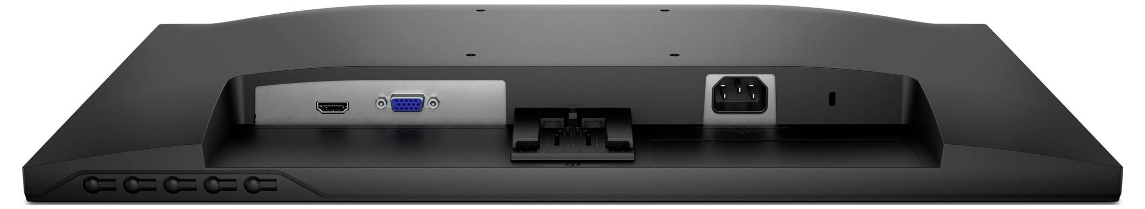 Rückansicht eines Monitors mit Eingabeanschlüssen. Umfasst einen VGA-Anschluss, HDMI-Anschluss, Stromverbinder und Bedienungstasten an der Seite.