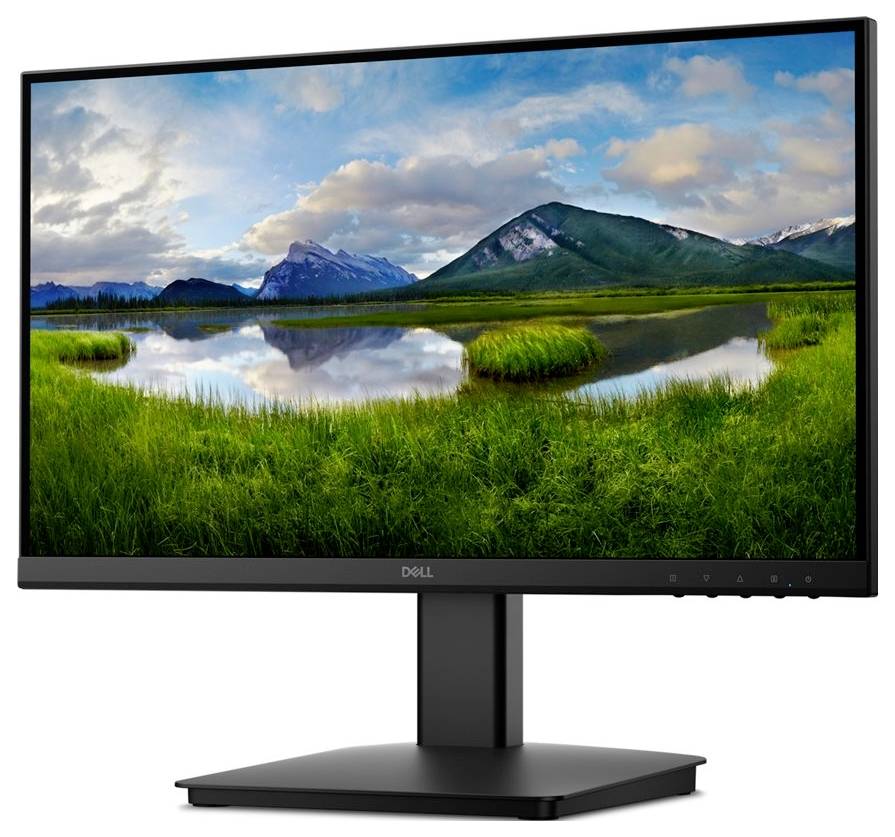 Ein Computermonitor zeigt eine ruhige Landschaft mit Bergen und einem See, der den bewölkten blauen Himmel widerspiegelt.