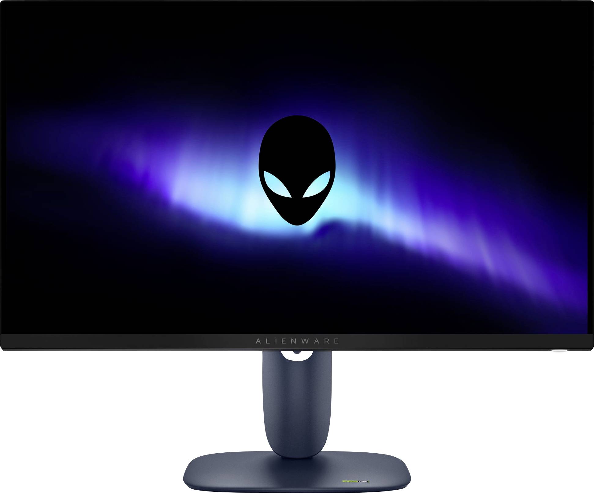 „Alienware-Monitor mit dunklem Bildschirm, auf dem ein leuchtendes, stilisiertes Alien-Kopf-Logo in der Mitte vor einem blau-lila Hintergrund angezeigt wird.