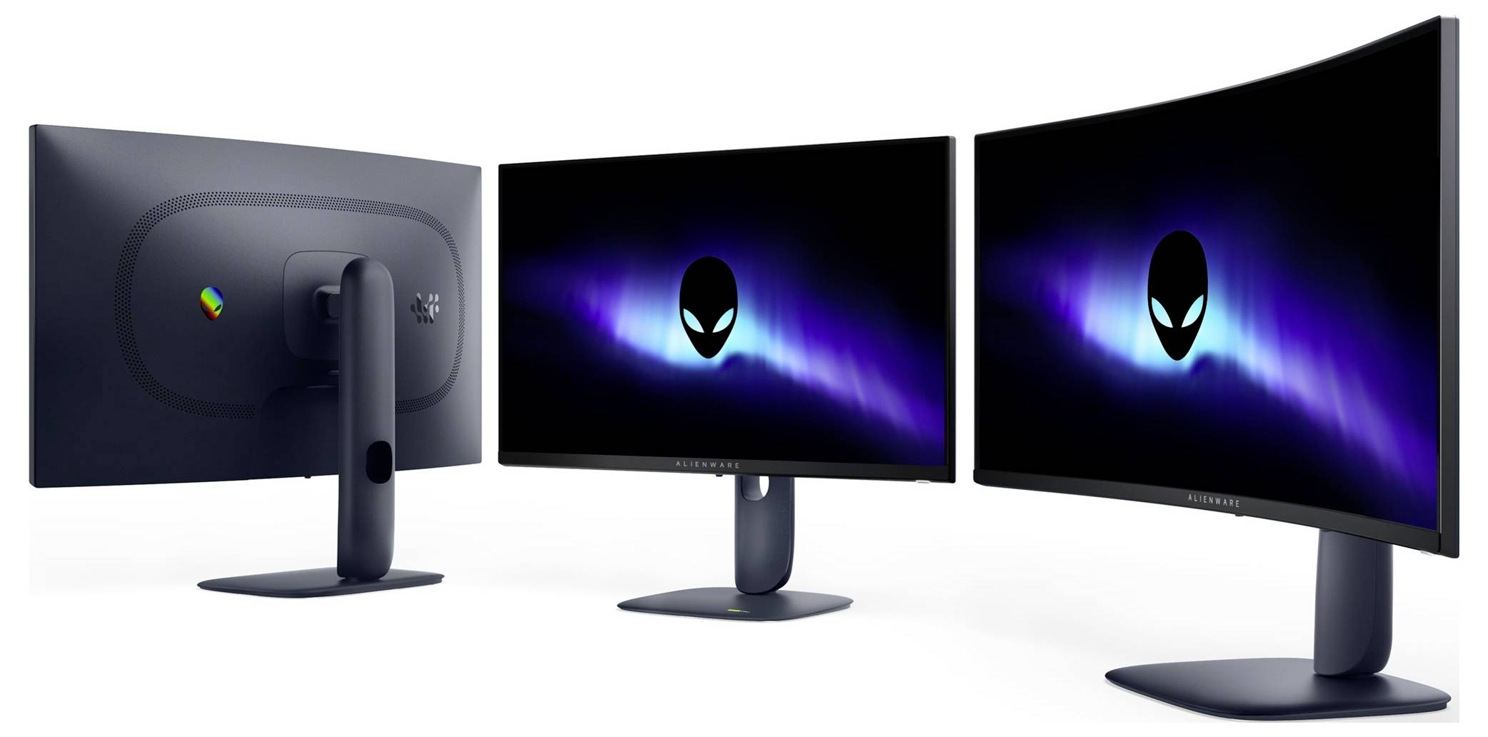 Drei gekrümmte Computermonitore, von hinten und aus angewinkelten Ansichten gezeigt, zeigen ein außerirdisches Logo auf einem dunklen, verlaufenden Hintergrund.