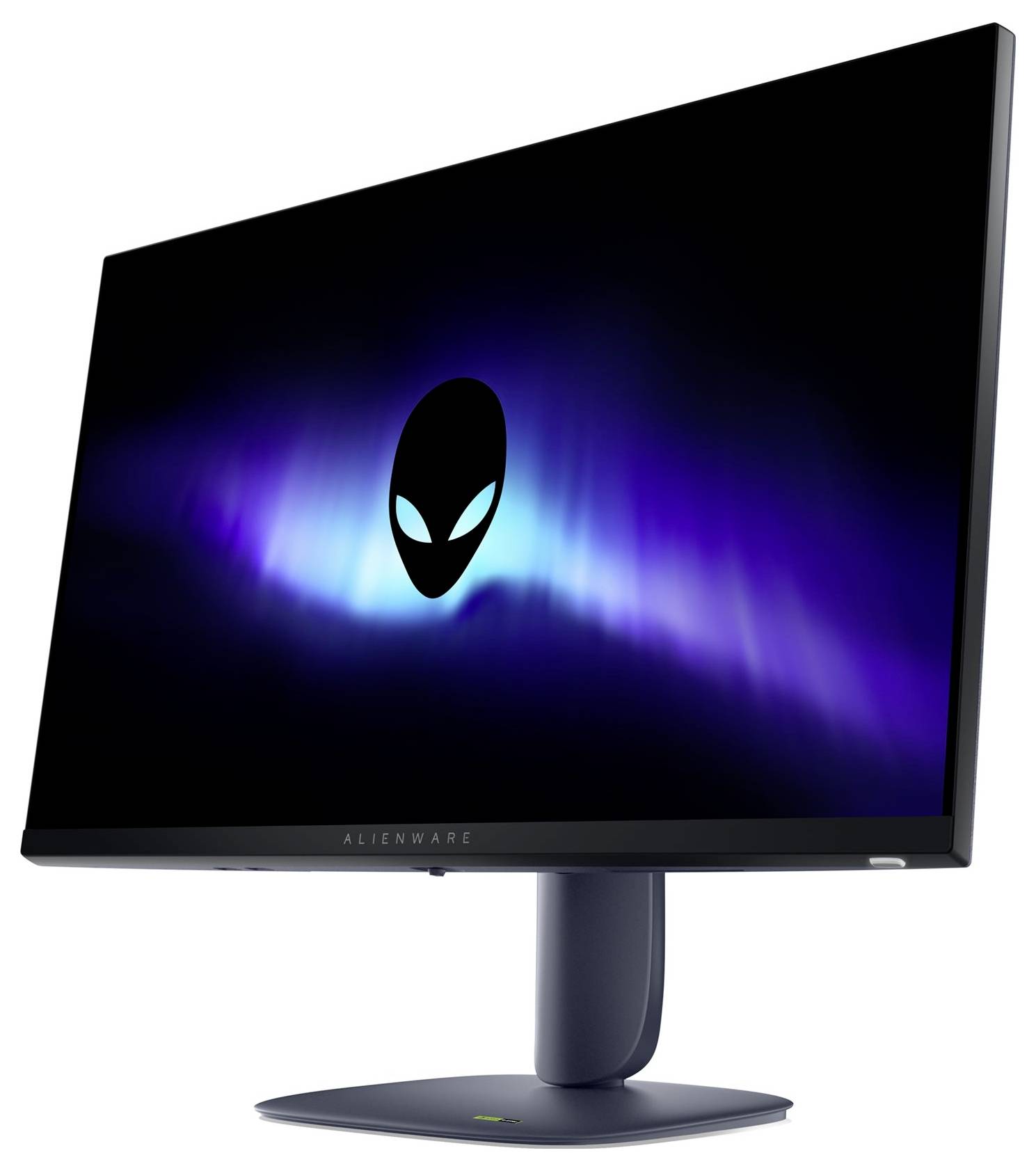 Ein eleganter Alienware-Computermonitor mit futuristischem Design, der ein ikonisches Alien-Kopf-Logo auf einem lebendigen blauvioletten Farbverlauf-Bildschirm anzeigt.