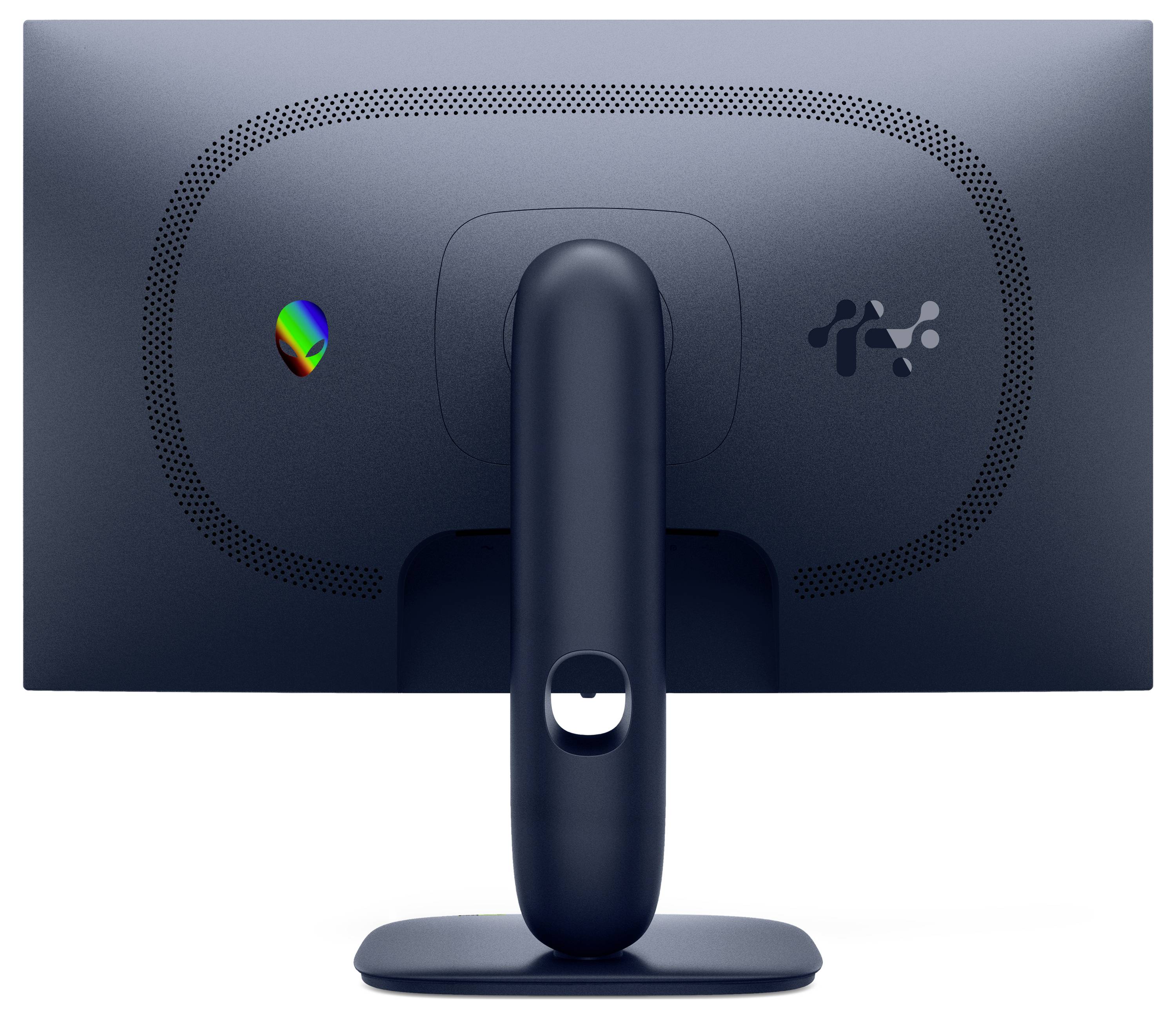 Ein schwarzer Monitor von hinten betrachtet, mit einem einzigartigen gekrümmten Ständer und zwei Logos: ein Alienkopf und ein stilisierter Buchstabe „N