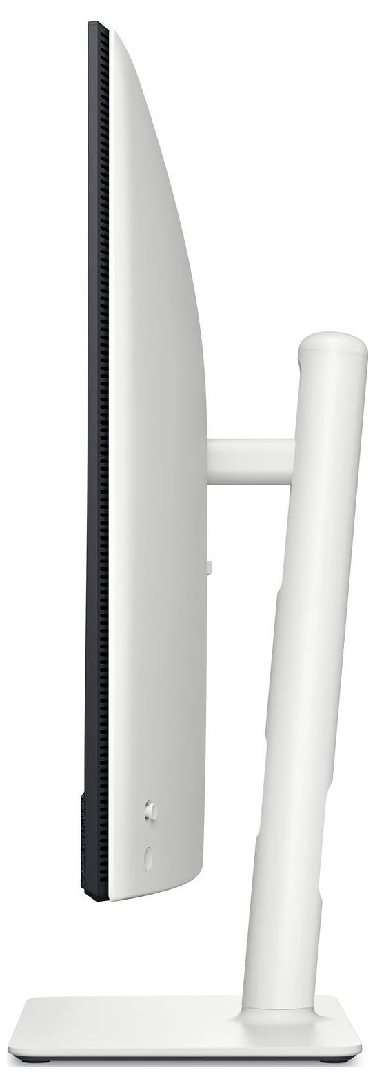 Seitenansicht eines dünnen, modernen Computermonitors auf einem Ständer, der sein schlankes Design und seine minimalistische Ästhetik hervorhebt.