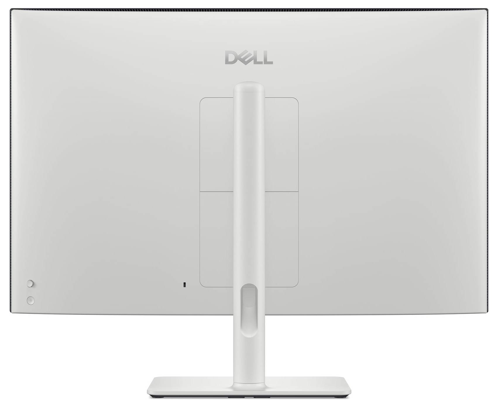 Ein weißer Dell-Computermonitor von hinten betrachtet, mit dem Ständer und dem Unternehmenslogo in der Mitte oben.