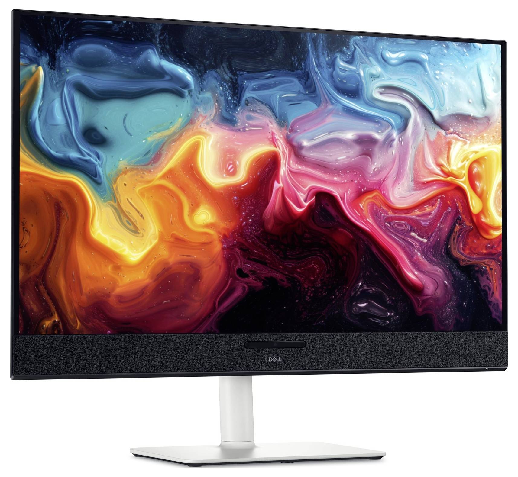 Ein Computermonitor zeigt abstrakte Kunst mit lebendigen Wirbeln in Blau-, Gelb-, Orange- und Rottönen, die intensive Farben präsentiert.