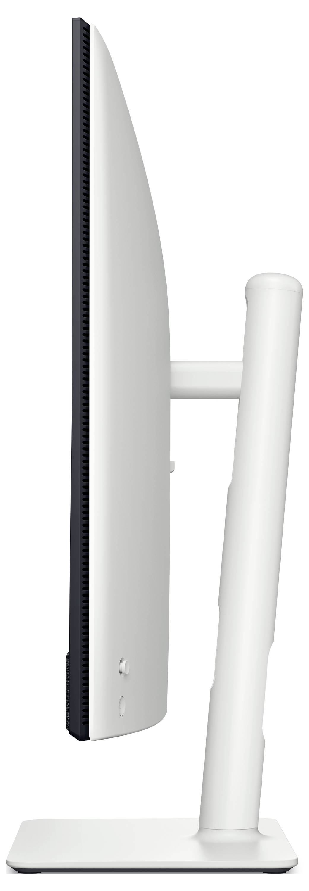 Seitenansicht eines modernen Computermonitors mit dünnem weißem Ständer, der sein elegantes Design und verstellbare Funktionen zeigt.