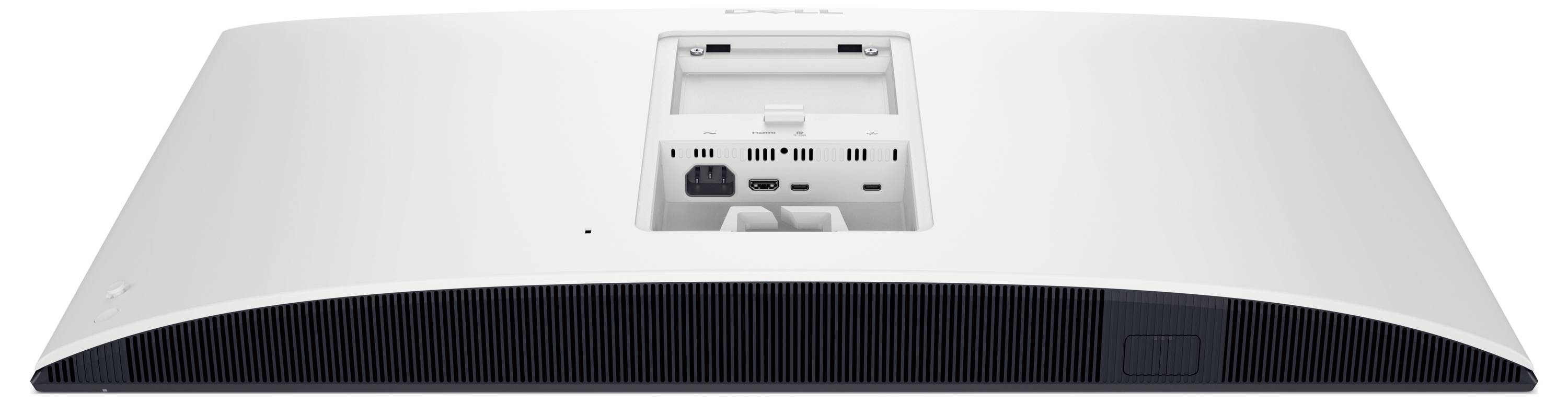 Weiße elektronische Vorrichtung von hinten betrachtet, die verschiedene Anschlüsse und einen Netzschalter zeigt.