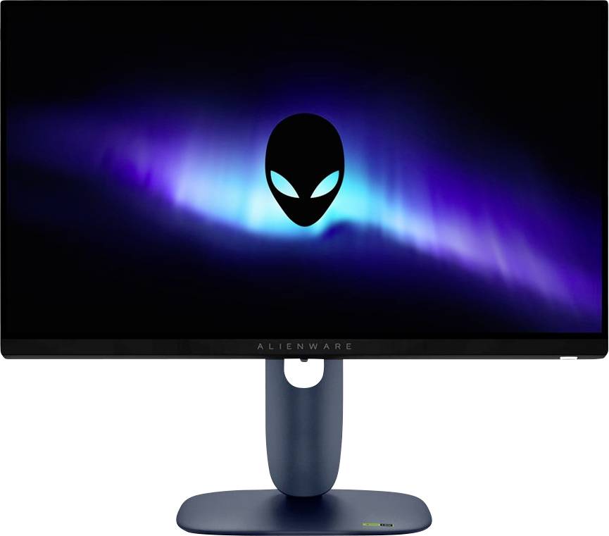 Alienware-Monitor mit leuchtendem Alien-Logo auf dem Display, vor einem blau und violett kosmischen Hintergrund, auf einem eleganten blauen Ständer.