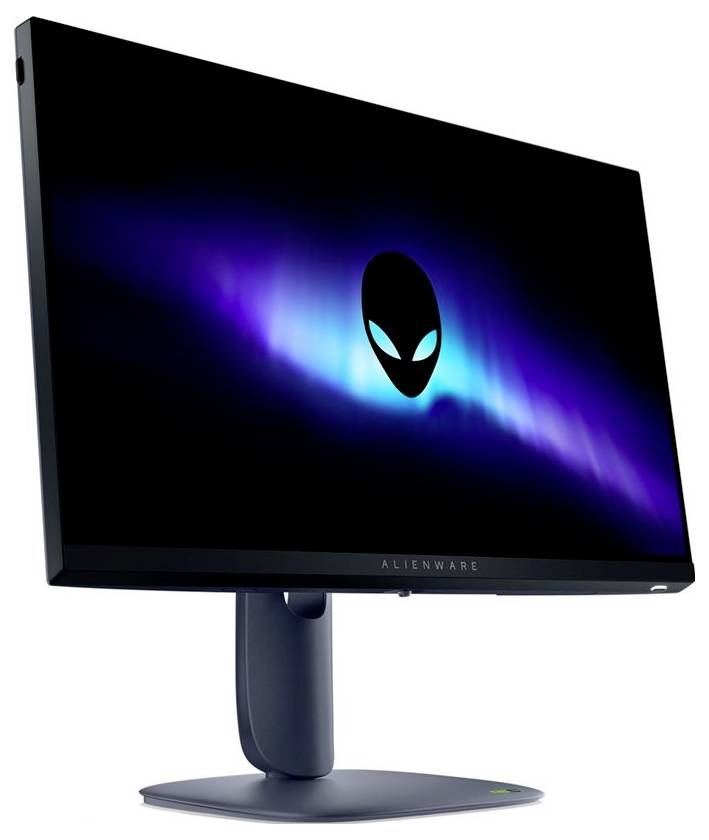Ein eleganter Computermonitor, der auf dunklem Hintergrund ein leuchtendes Alien-Logo anzeigt, auf einem robusten Ständer montiert.