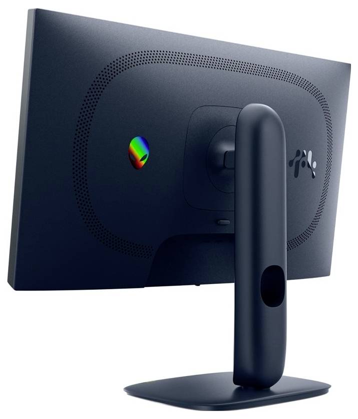 Ein eleganter, moderner Computermonitor von hinten betrachtet, mit minimalistischem Design, stabilem vertikalem Ständer und Tastenakzenten.