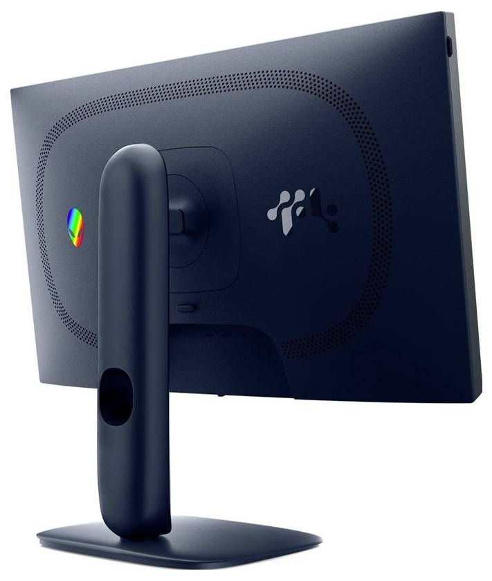 Ein schlanker schwarzer Computermonitor, von hinten betrachtet, mit modernem Design und einem regenbogenfarbigen Logo in der oberen linken Ecke.