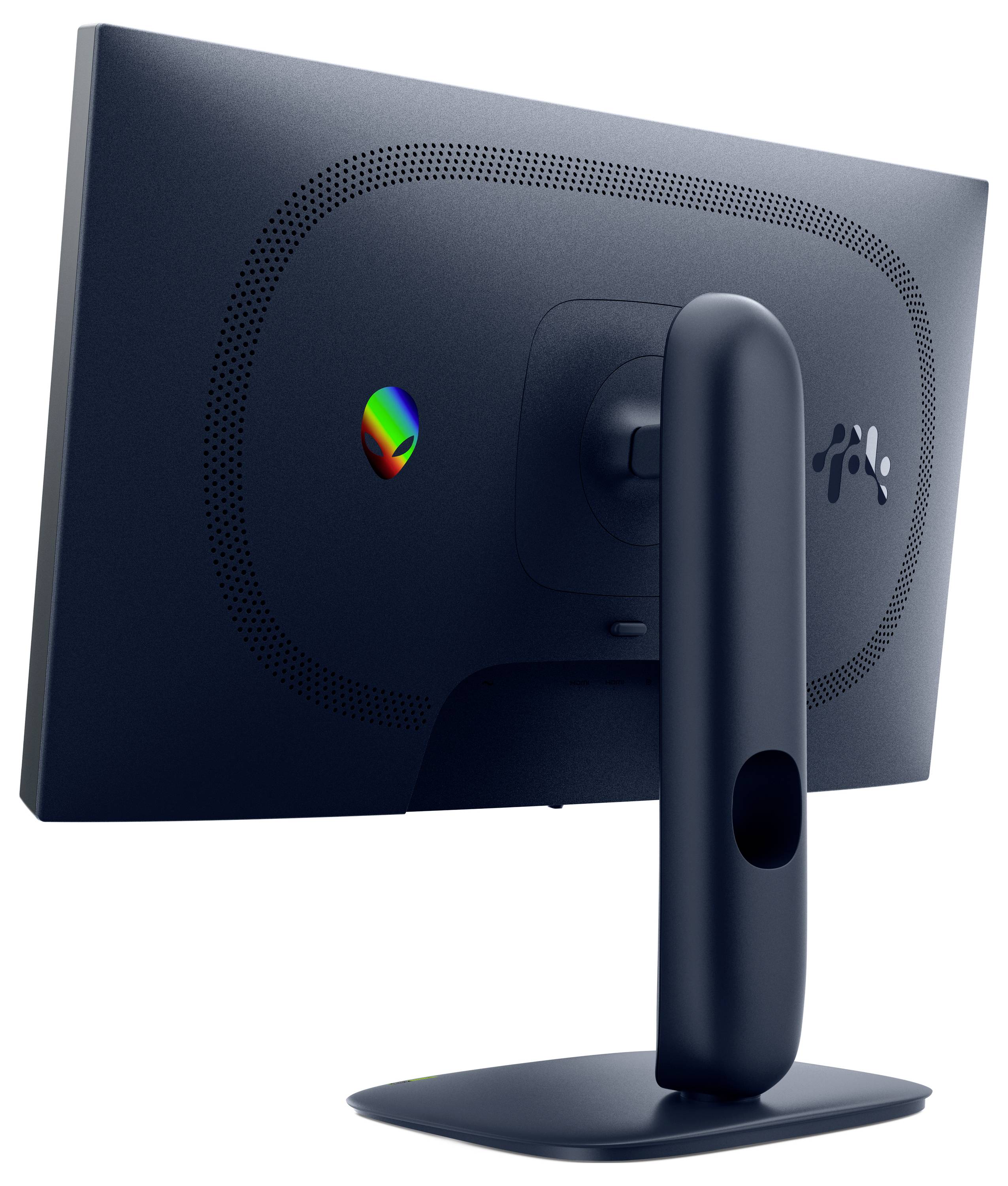 „Ein eleganter, moderner Computermonitor von hinten betrachtet, der sein dünnes Profil und seinen gebogenen Ständer zeigt.