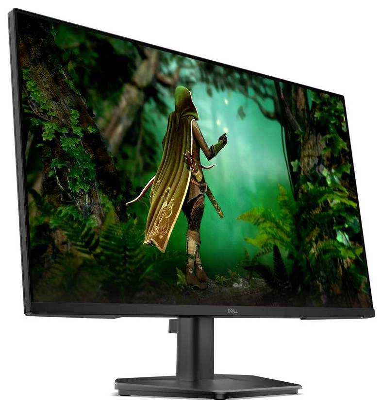 Ein Monitor zeigt eine Fantasy-Szene mit einem vermummten Bogenschützen in einem grünen Wald, der ein leuchtenden Objekt hält.