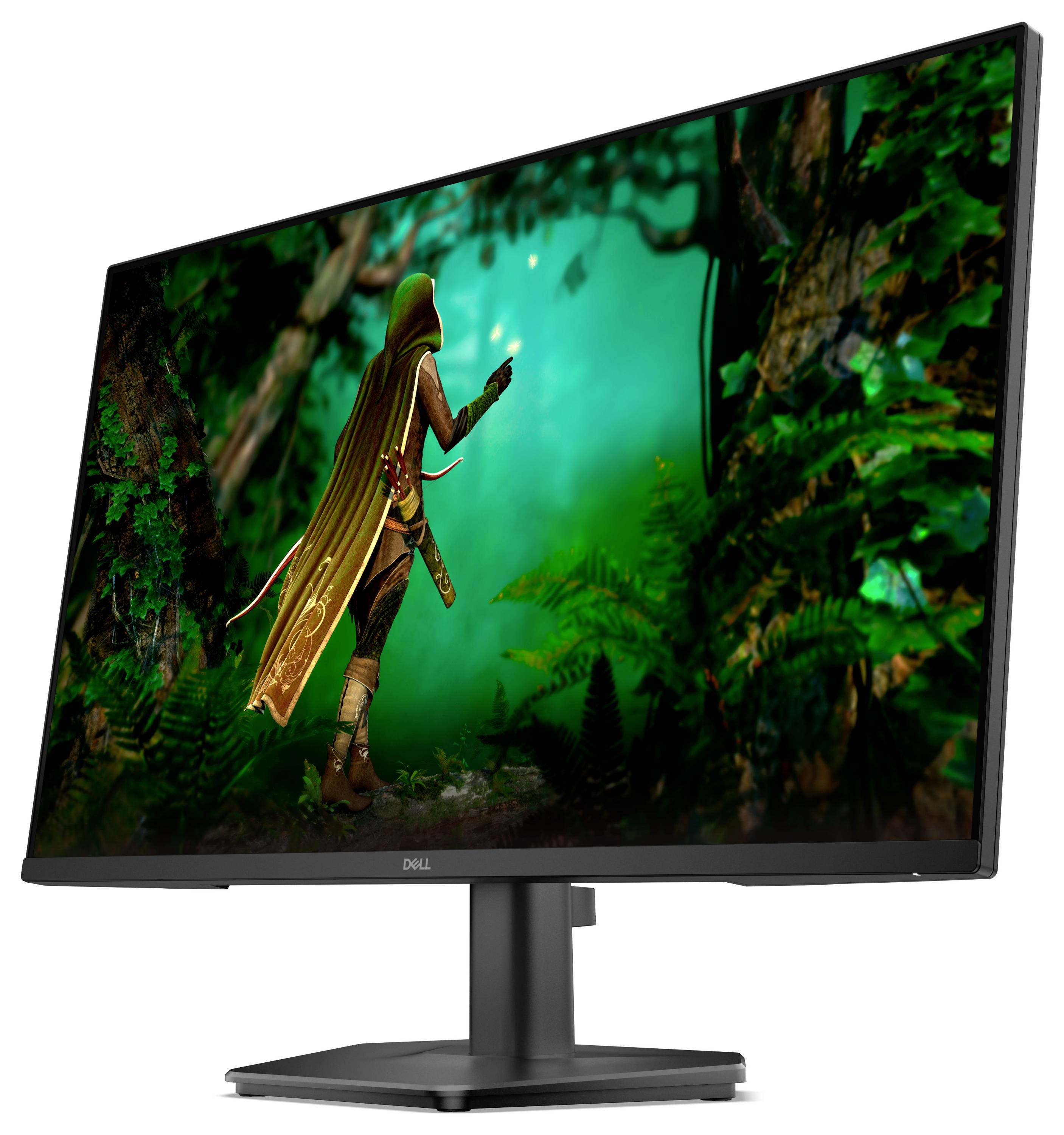 Ein Computermonitor, auf dem ein fantasiethematisches Bild eines vermummten Mannes mit leuchtender Kugel in einer üppigen, grünen Waldumgebung angezeigt wird.