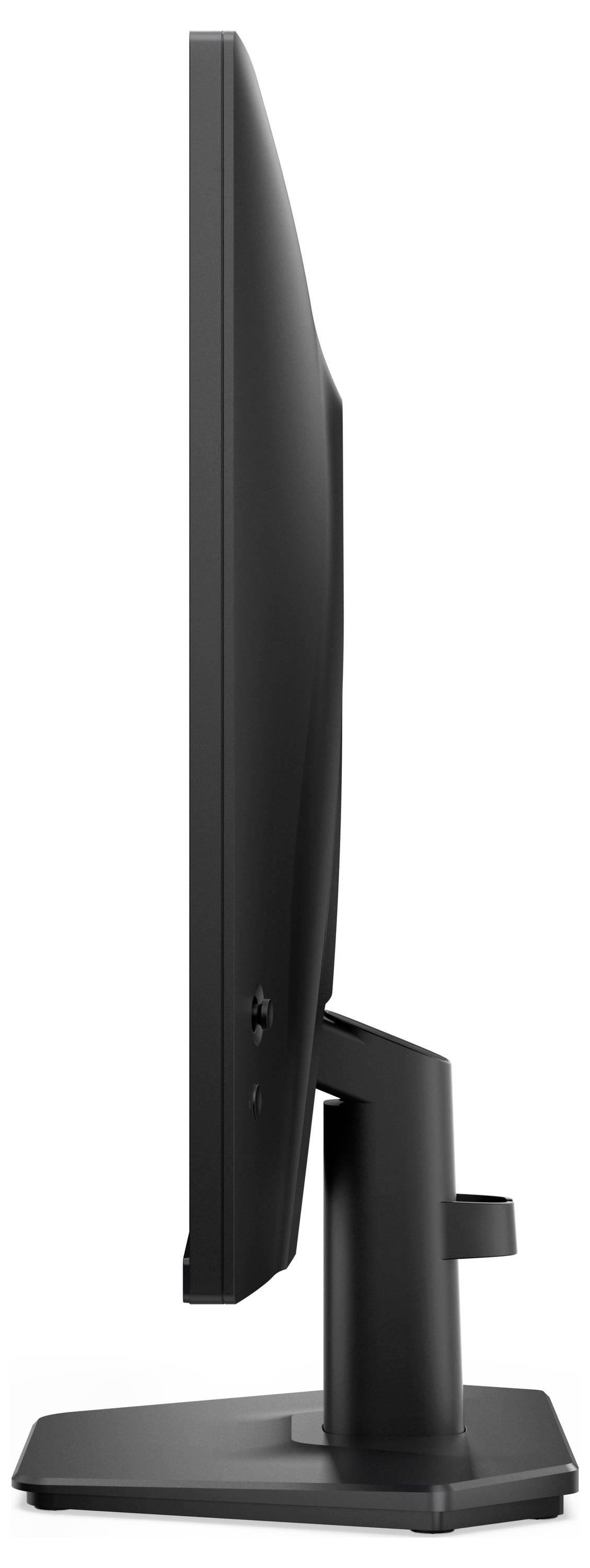 Seitenansicht eines schlanken schwarzen Computermonitors auf einem Ständer, die sein elegantes Design und sein dünnes Profil zeigt.