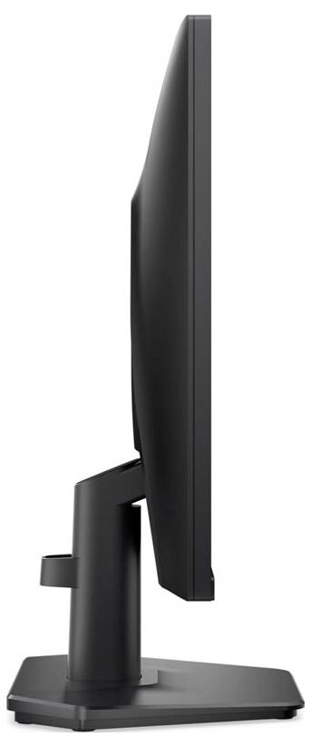 Eine Seitenansicht eines schwarzen Computermonitors auf einem Ständer, die sein schlankes Profil zeigt.