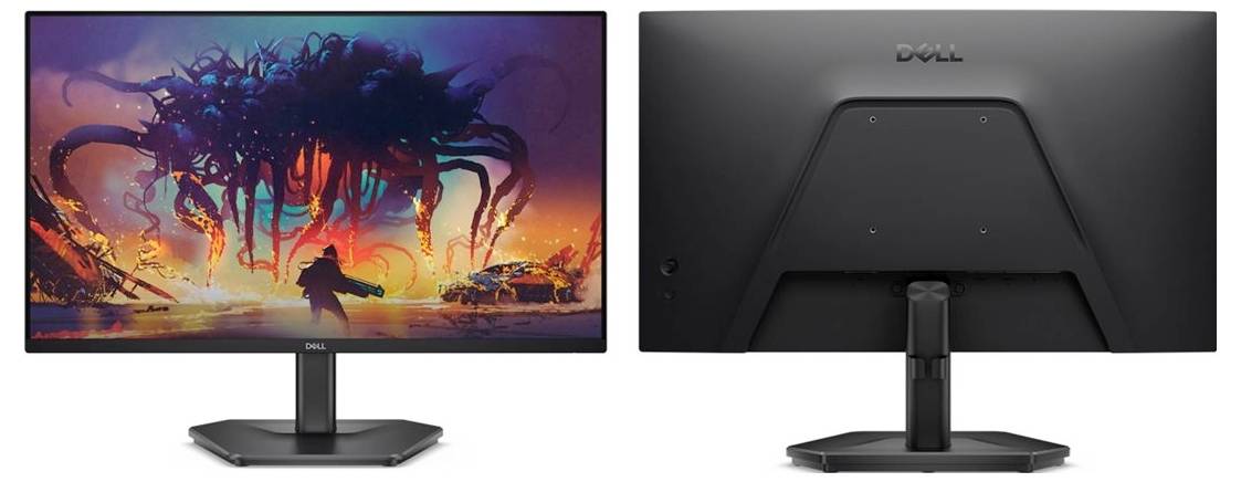 Vorder- und Rückansicht eines Dell-Monitors. Vorne zeigt sich lebendige Videospielgrafiken mit einem Monster und einem Spieler; hinten ist der Monitorständer zu sehen.