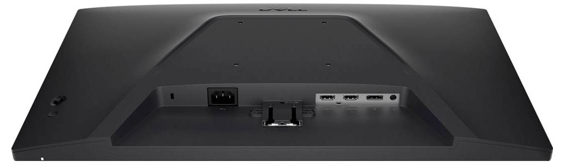 Rückansicht eines Monitors mit Stromversorgungseingabe und verschiedenen Konnektivitätsanschlüssen, einschließlich HDMI und USB, auf einer flachen schwarzen Oberfläche.