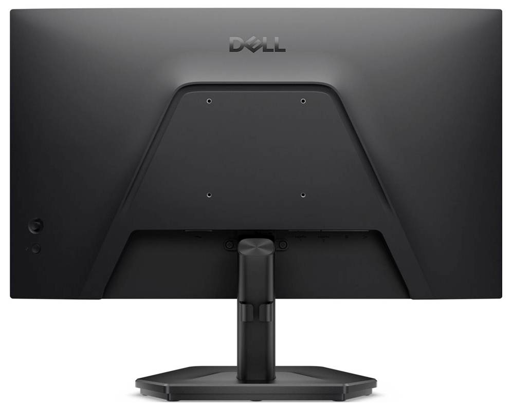 Ein schwarzer Dell-Monitor von hinten betrachtet, mit einfachem Ständer und schlankem Design, geeignet für den Desktop- oder Bürogebrauch.