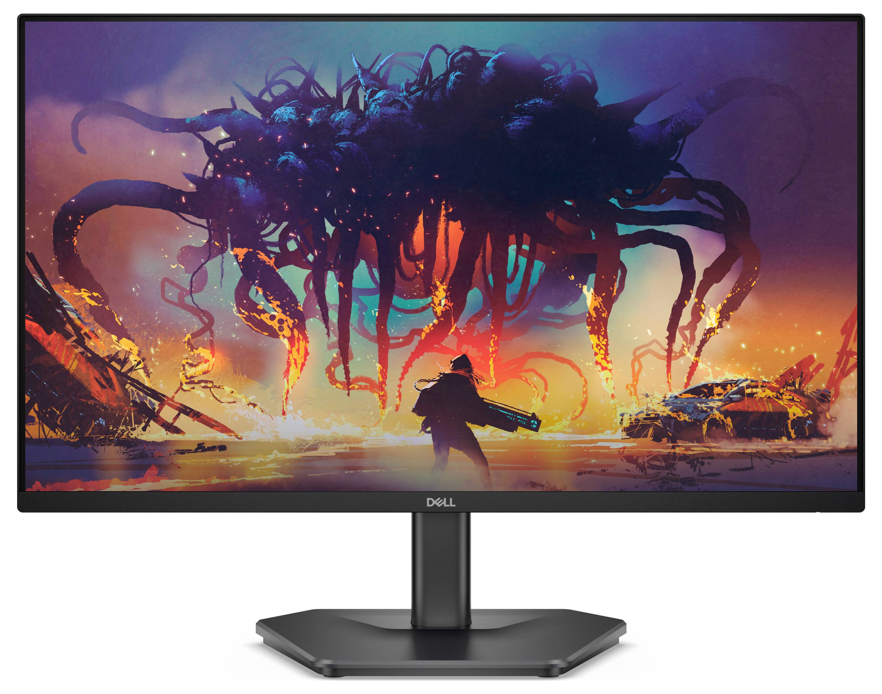 Ein Dell-Monitor zeigt ein lebhaftes Bild einer silhouettierten Person, die einem riesigen, wirbelnden, tentakelartigen Wesen unter einem farbenfrohen Himmel gegenübersteht.