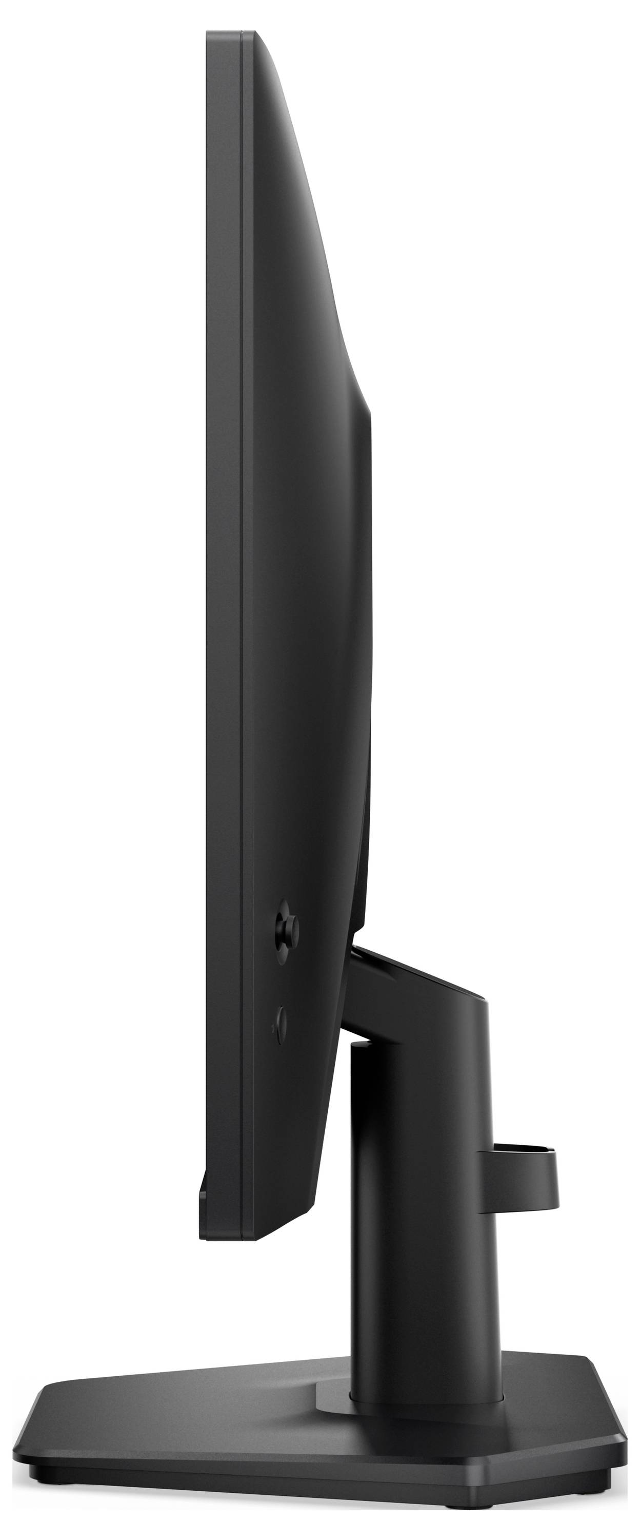 Seitenansicht eines modernen, dünnen schwarzen Computermonitors auf einem Ständer.