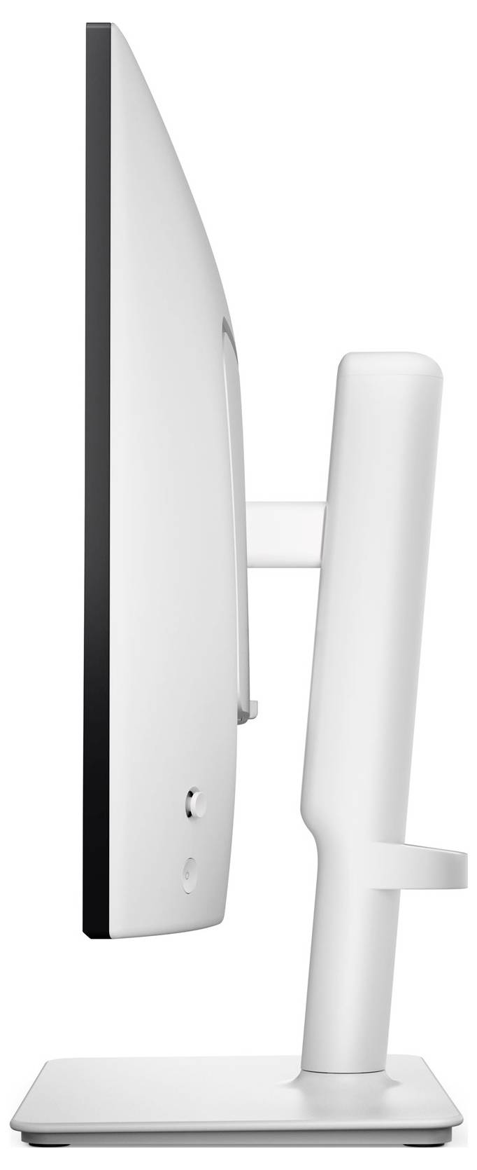 Eine Seitenansicht eines dünnen, modernen Computermonitors mit elegantem, minimalistischem Design, gekennzeichnet durch eine geschwungene Rückseite und einen stabilen Ständer.