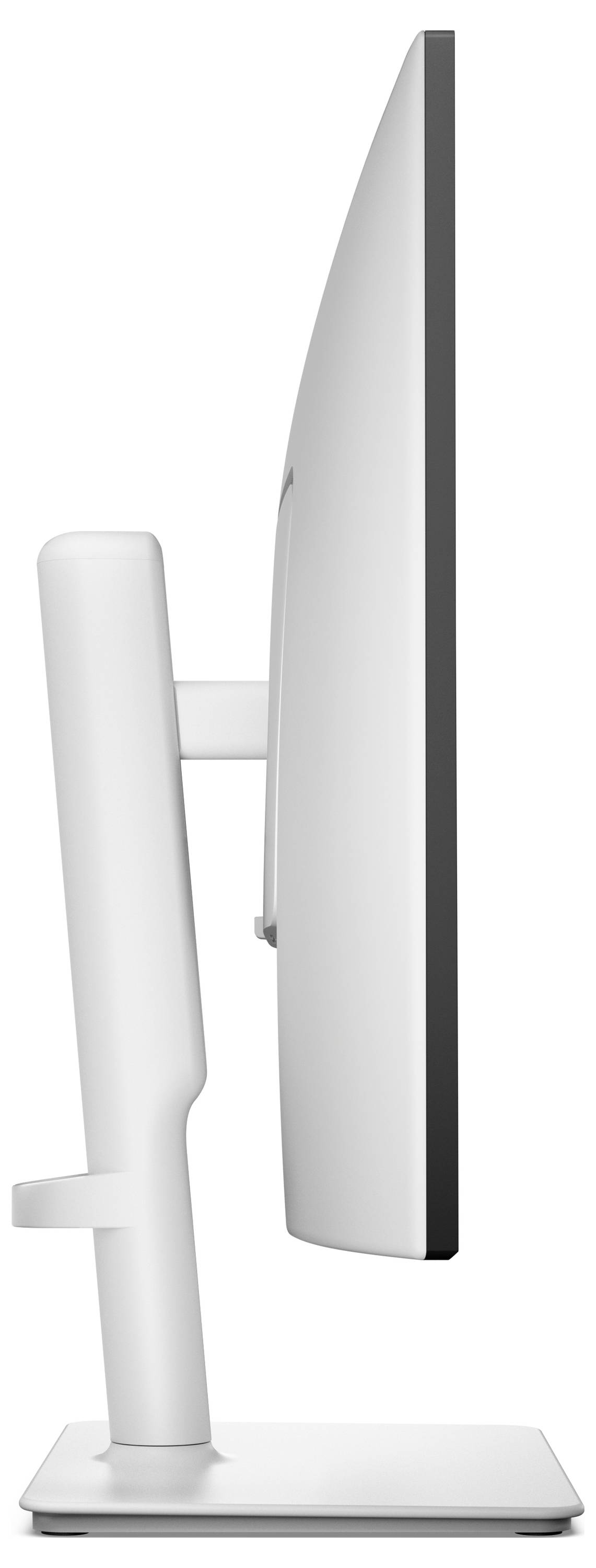 Seitenansicht eines modernen, dünnen Computermonitors mit minimalistische weißem Ständer auf flacher Basis, die sein schlankes Profil und elegantes Design zeigt.