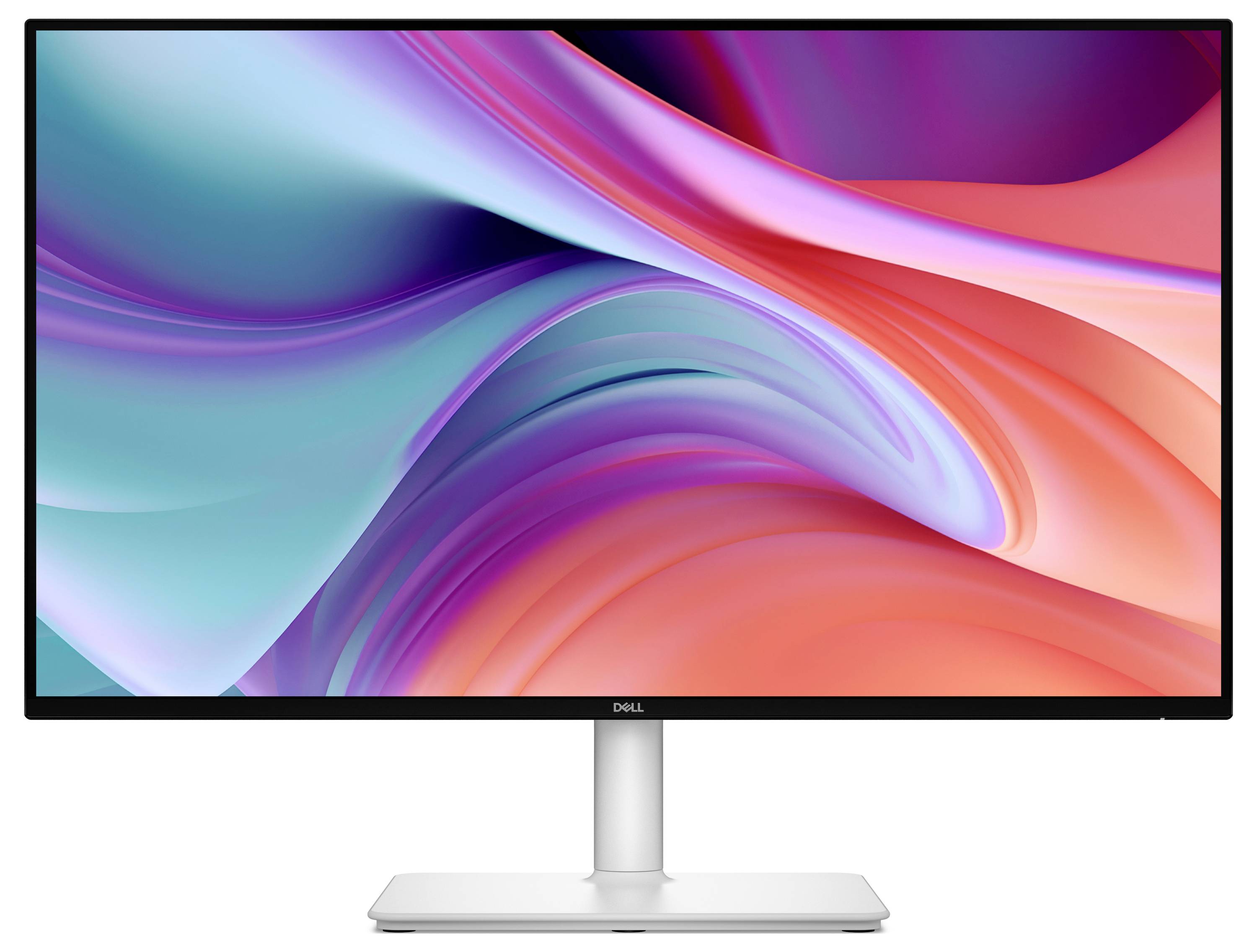 Ein moderner Computermonitor zeigt ein lebhaftes Farbwirbel in Pink, Blau und Orange. Der Monitor hat eine schmale Blende und einen stabilen Ständer.