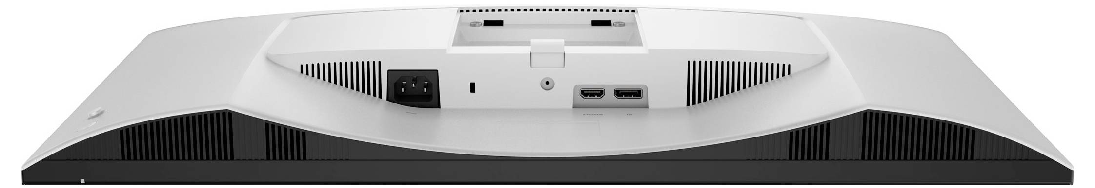 Das Bild zeigt die Rückansicht eines schlanken, modernen Monitors mit Belüftungsschlitzen und mehreren Anschlussports einschließlich Stromversorgung und USB.