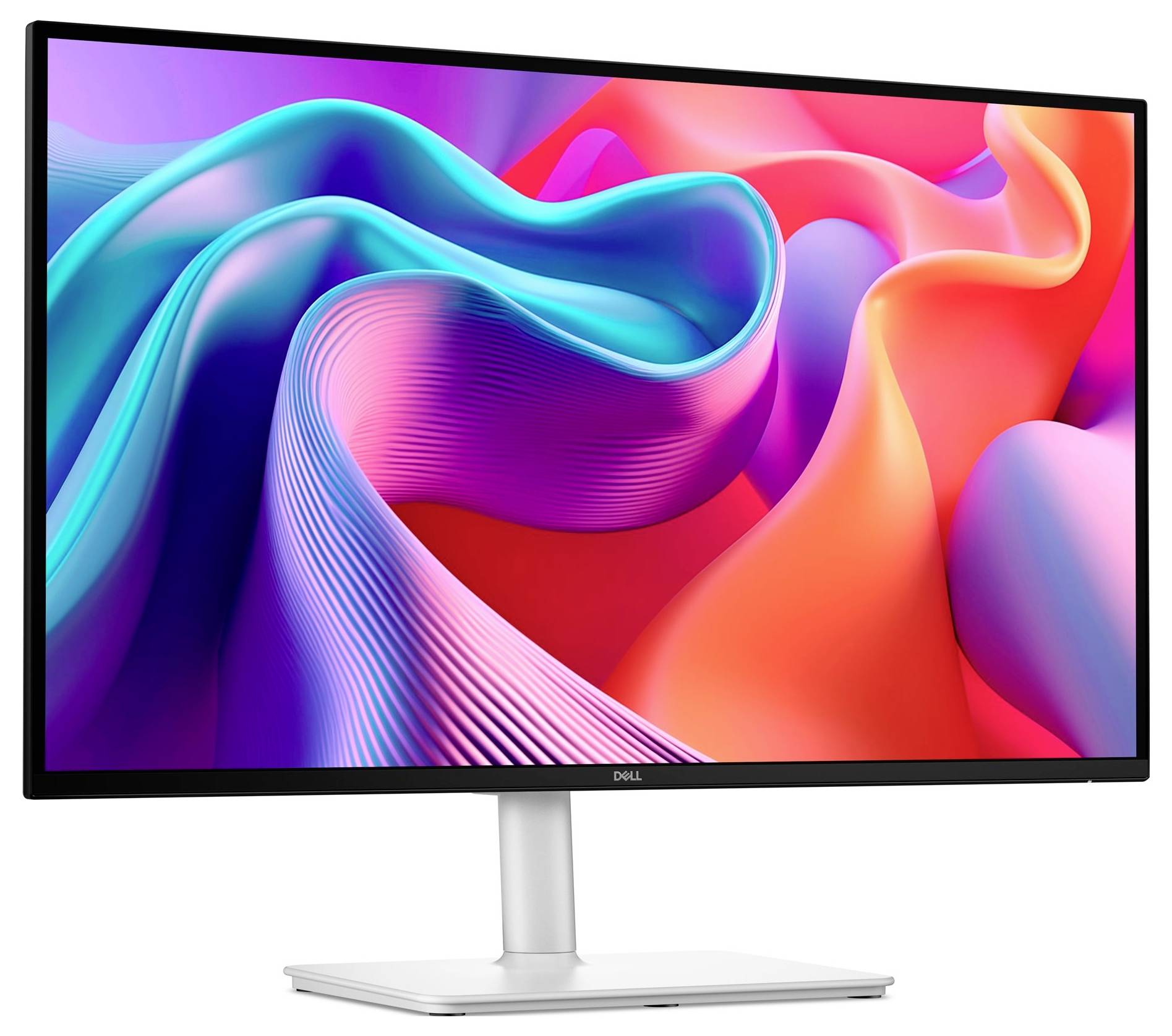 Ein großer Computermonitor, auf dem lebendige, farbenfrohe abstrakte Wellen angezeigt werden.