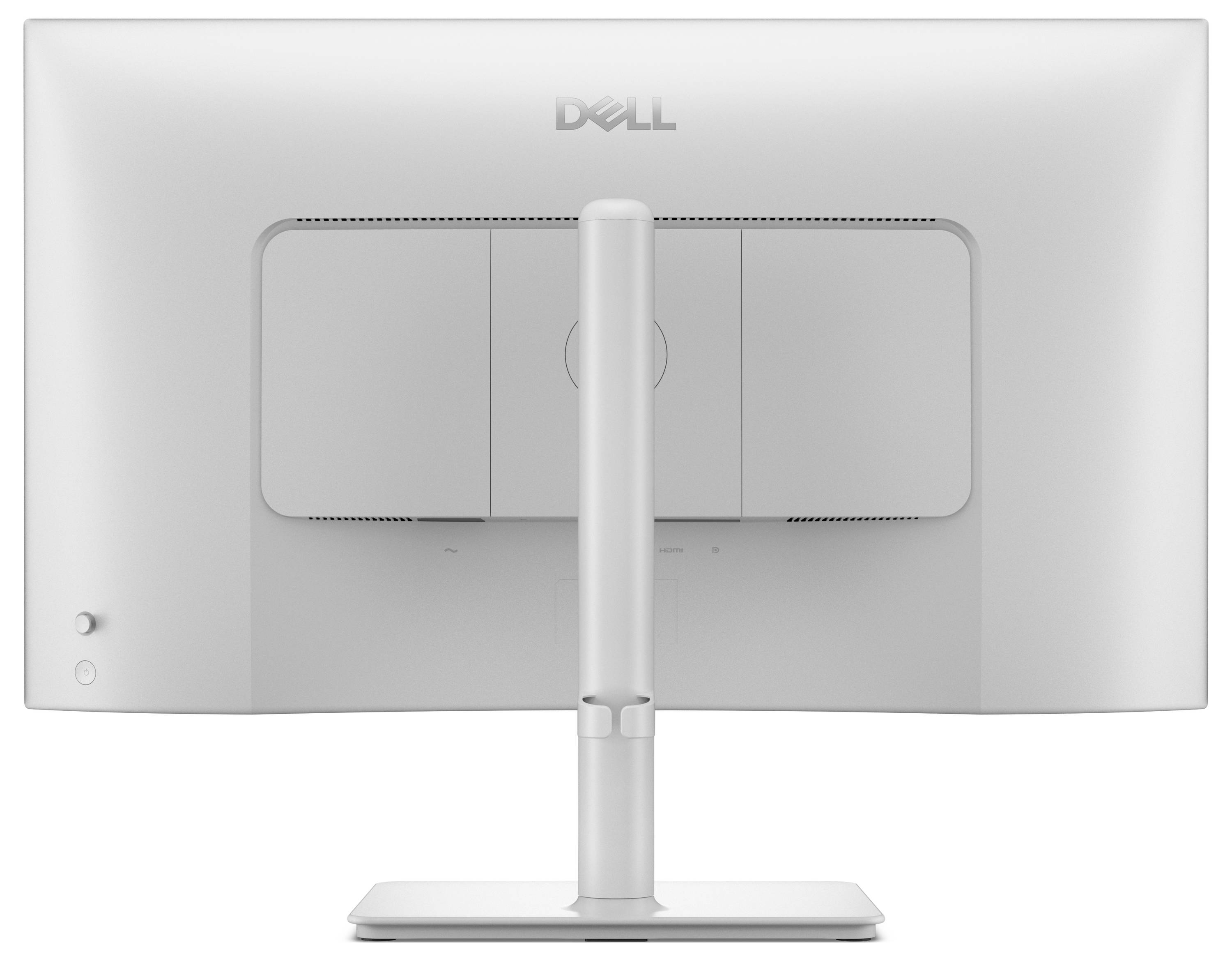 Rückansicht eines Dell-Monitors mit verstellbarem Ständer, das sein schlankes Design und die doppelten hinteren Abdeckungspanels präsentiert.