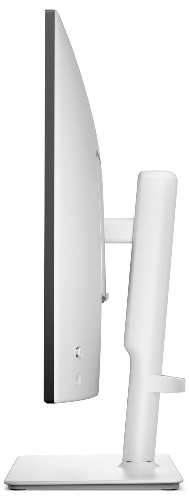 Ein eleganter Computermonitor wird von hinten betrachtet und zeigt ein minimalistisches Design mit einem leuchtenden blauen Logo und verstellbarem Ständer.