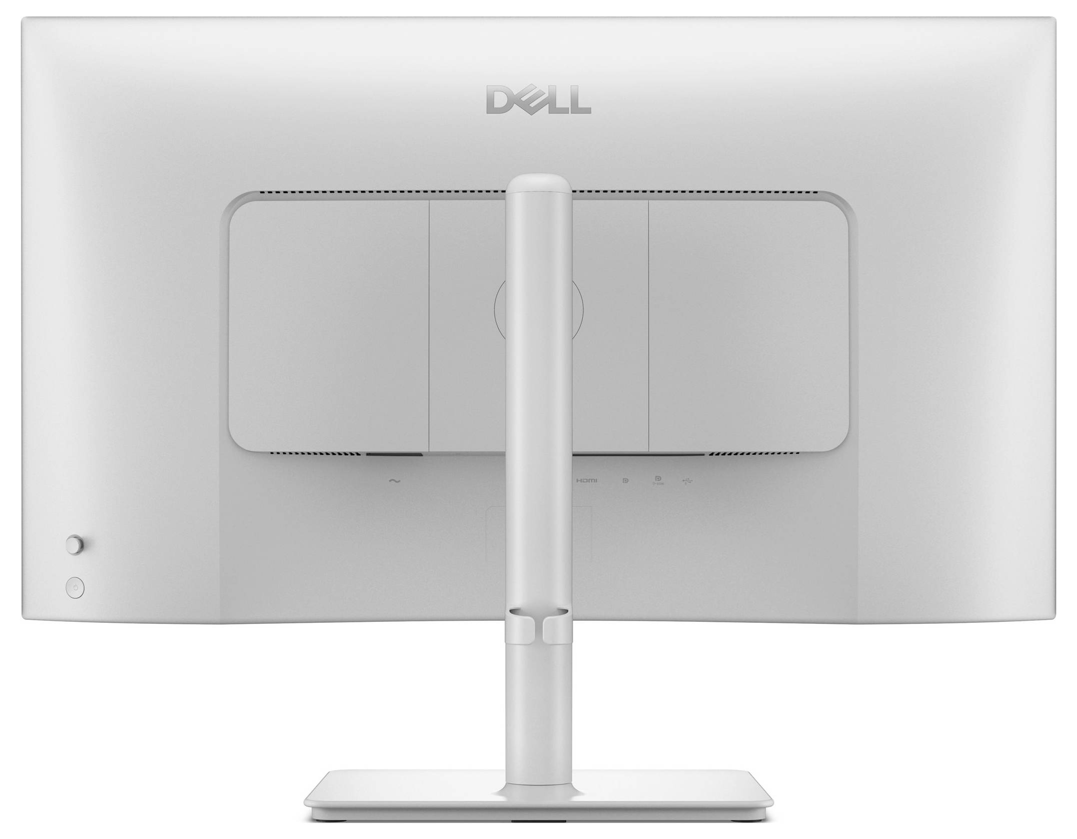 Rückansicht eines gekrümmten Monitors mit Markenlogos und verschiedenen Anschlüssen, einschließlich HDMI und USB, entlang der Unterseite.